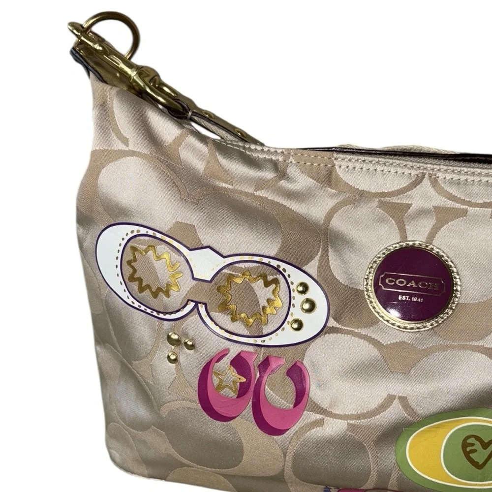 COACH Poppy Khaki Sateen Logo Multicolor Applique Shoulder Hobo Bag - F17586